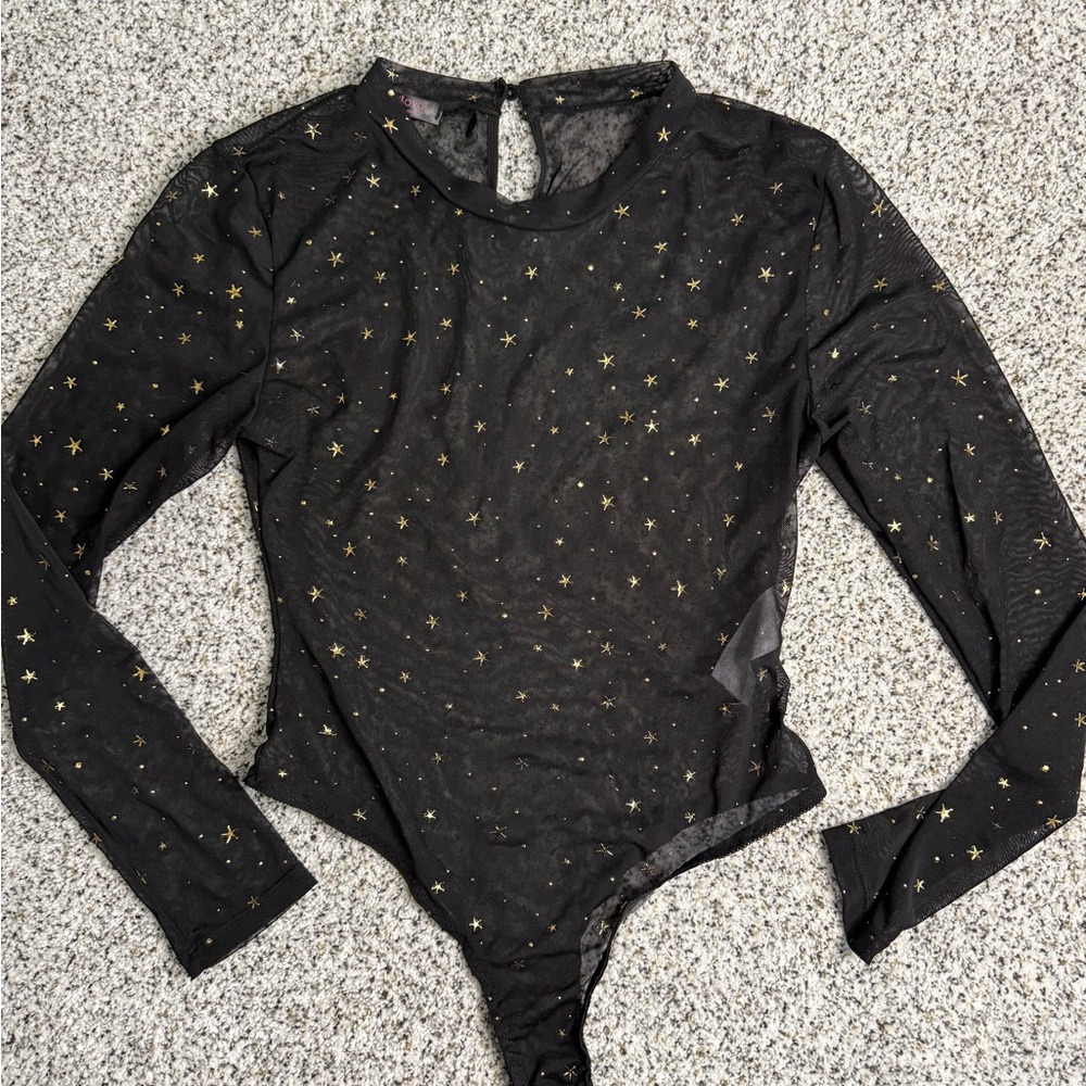 Black Sheer Bodysuit with Gold Star Accents